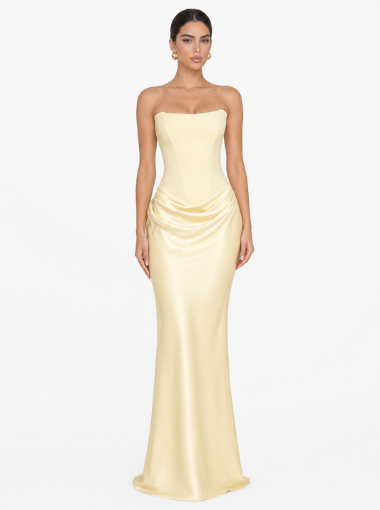 Strapless Corset Lace-Up Back Satin Draped Maxi Dress