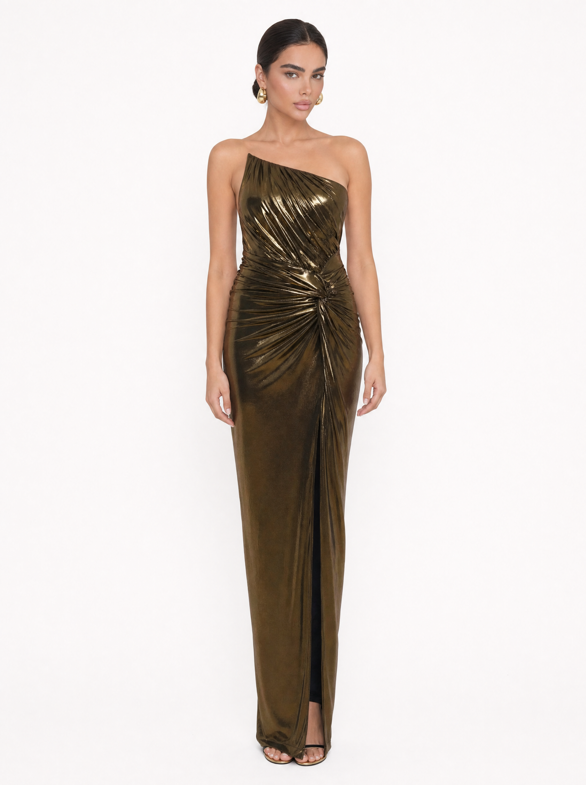 Bronze Gold Metallic One-Shoulder Maxi Dress
