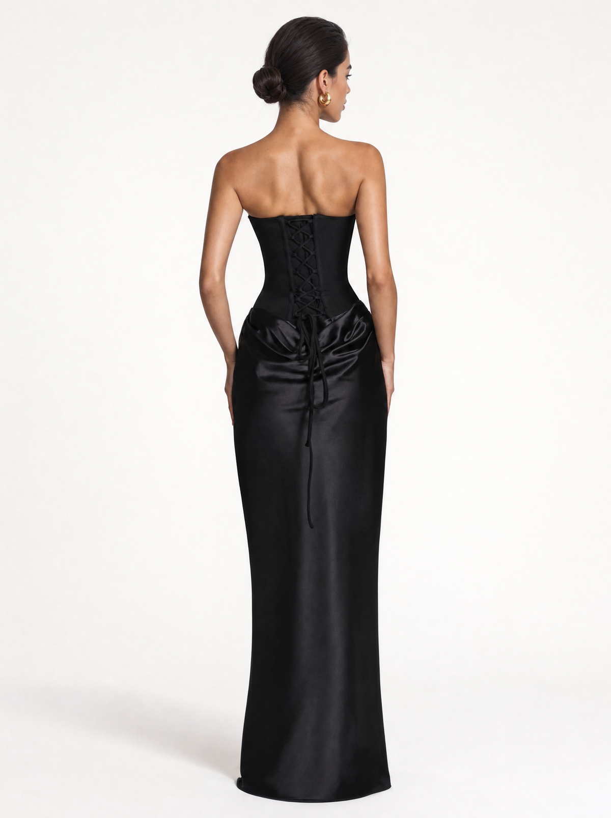 Strapless Corset Lace-Up Back Satin Draped Maxi Dress