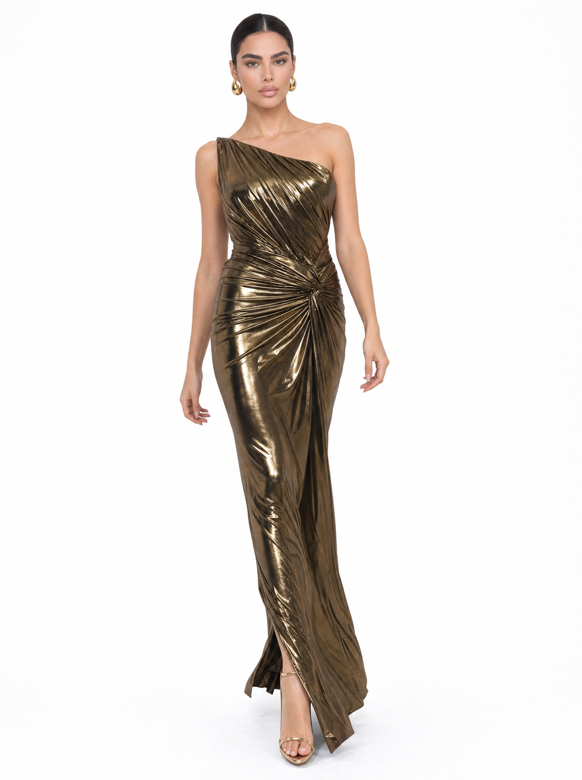 Bronze Gold Metallic One-Shoulder Maxi Dress