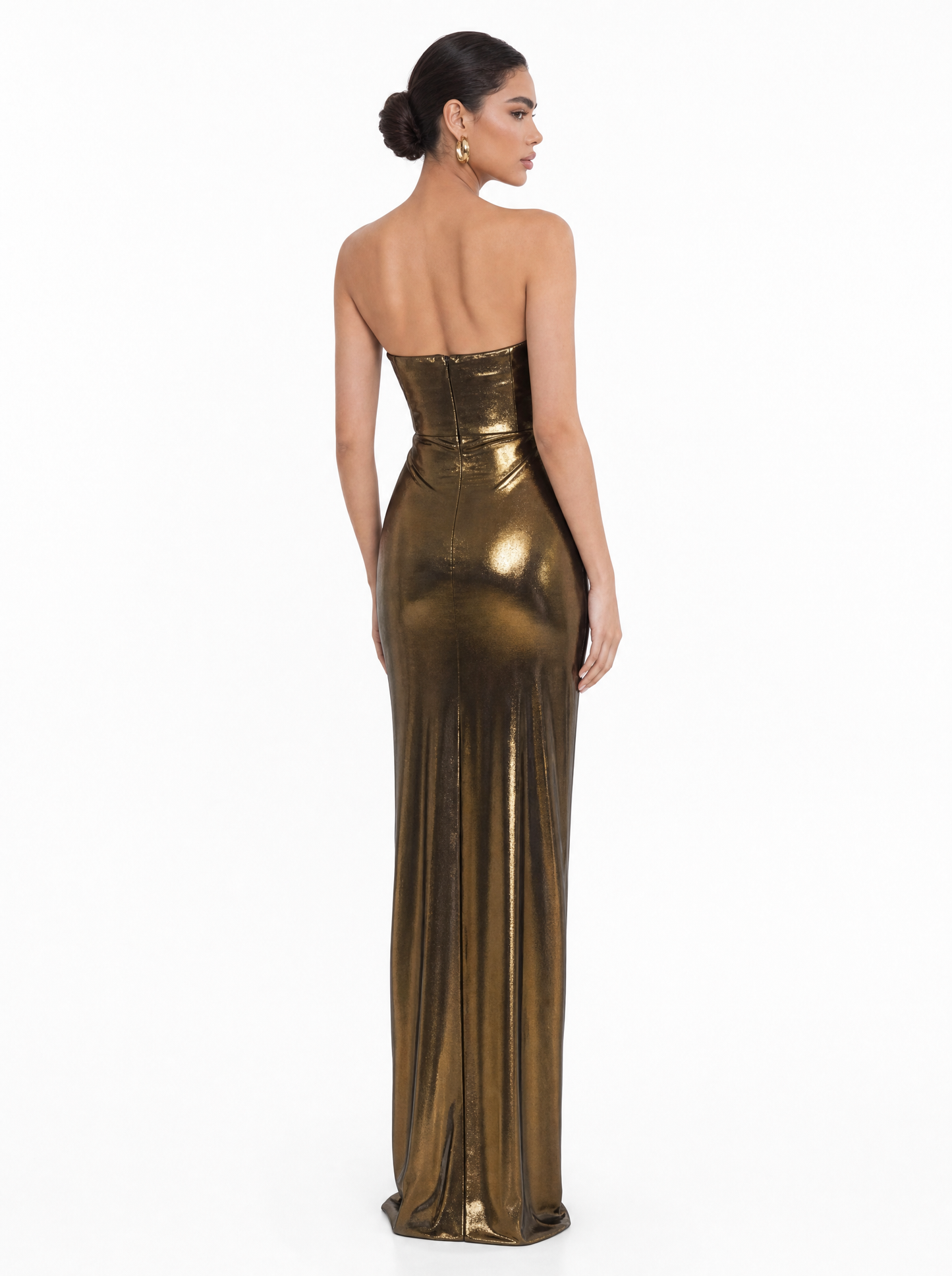 Bronze Gold Metallic One-Shoulder Maxi Dress