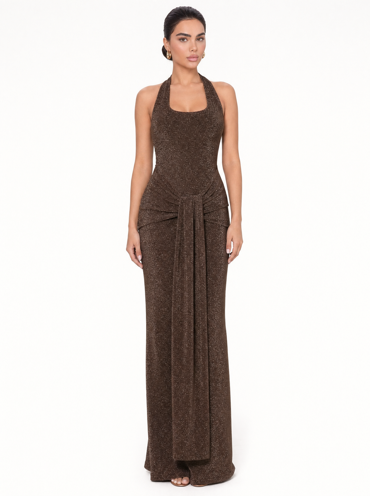 Lurex Halter Neck Bow Front Bodycon Maxi Dress