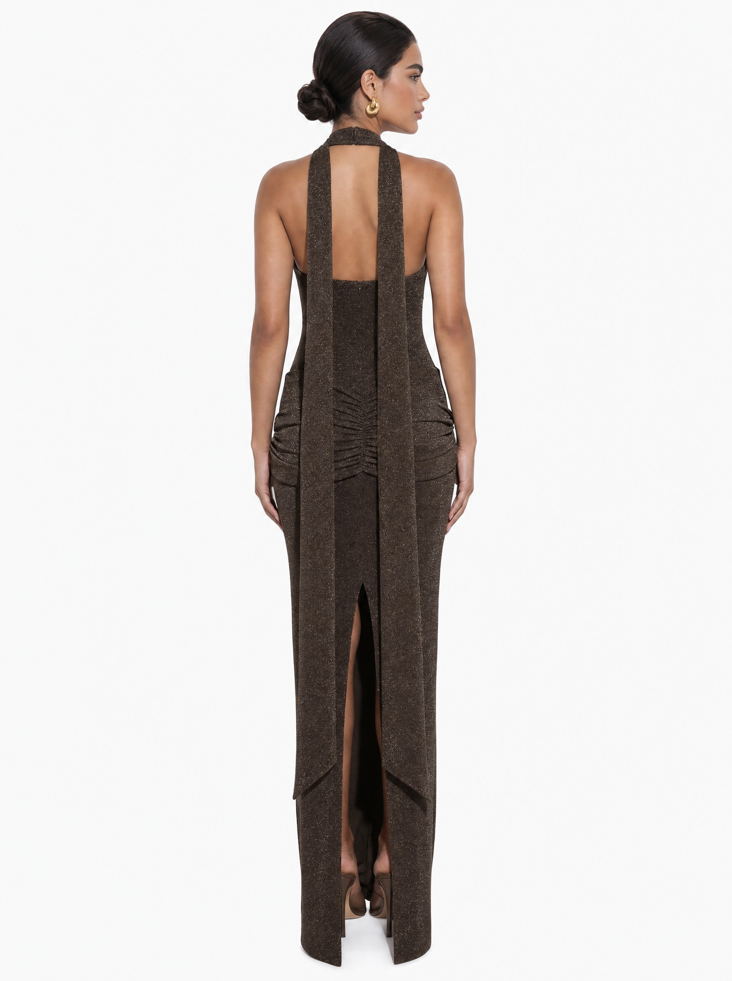 Lurex Halter Neck Bow Front Bodycon Maxi Dress