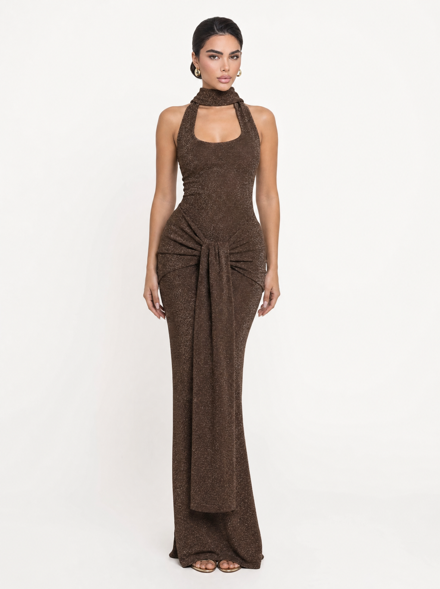 Lurex Halter Neck Bow Front Bodycon Maxi Dress