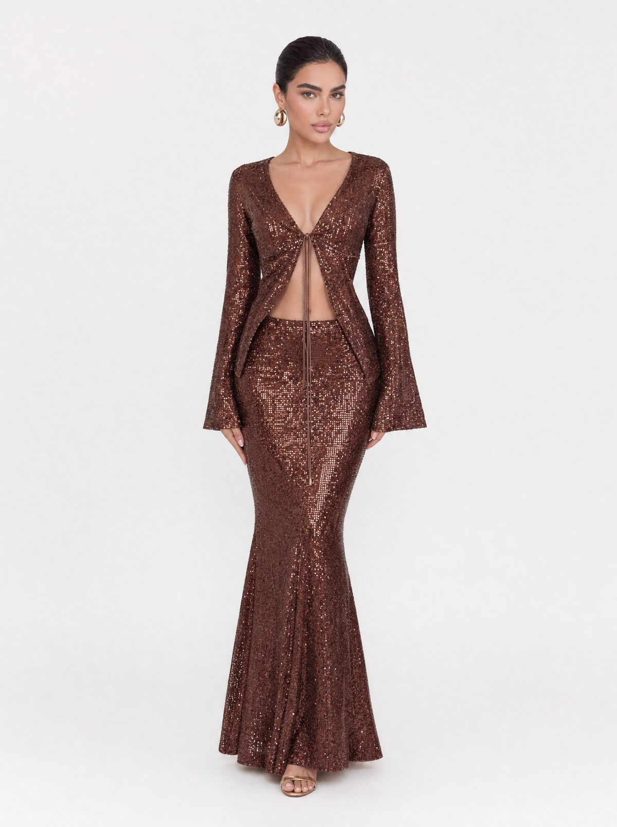 Copper Brown Sequin Cut-Out Maxi Dress