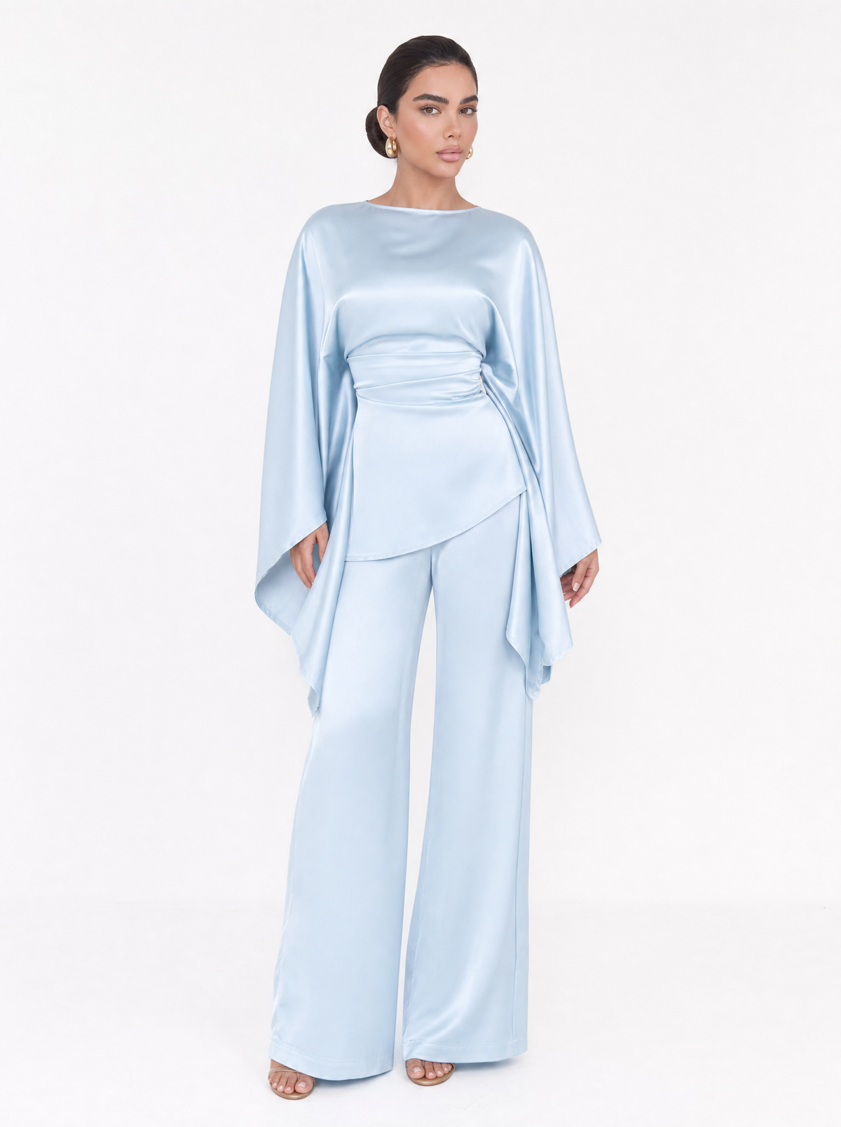 Satin Cape Sleeve Top & Wide Leg Trouser Co-ord Set