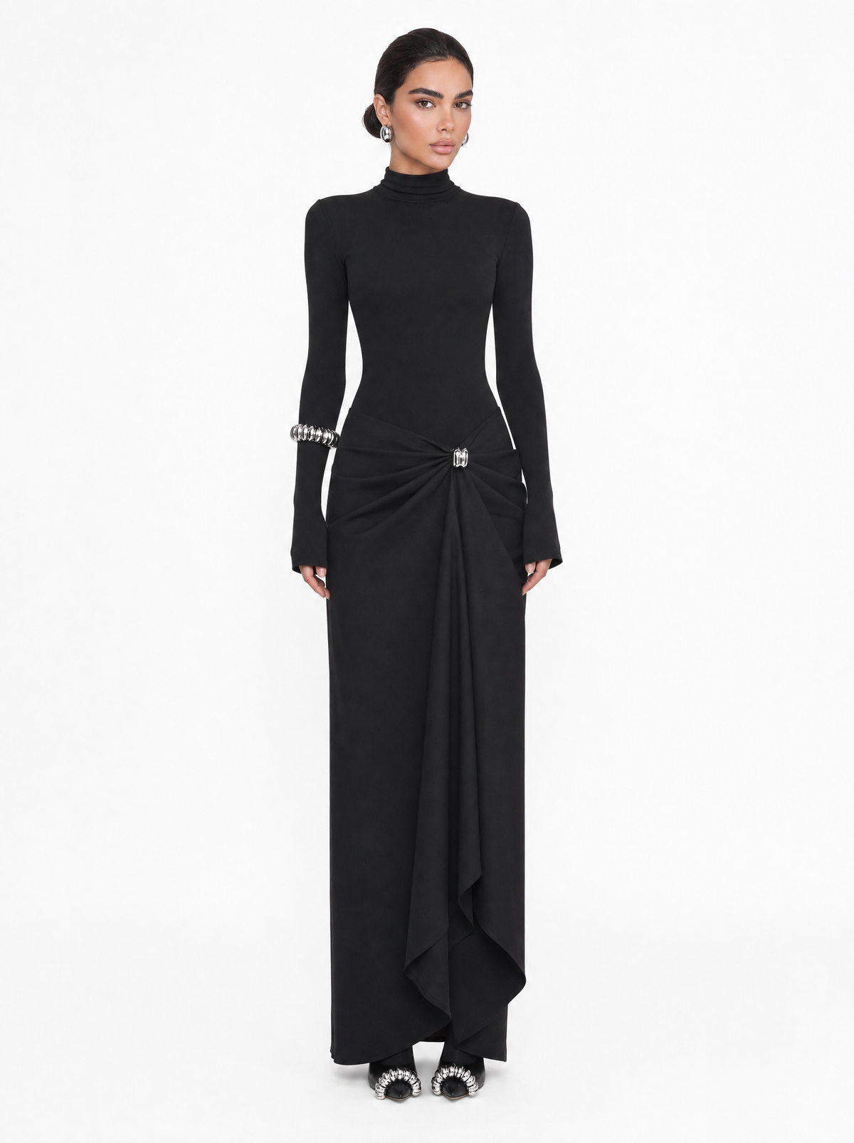 Black Turtleneck Embellished Draped Maxi Dress