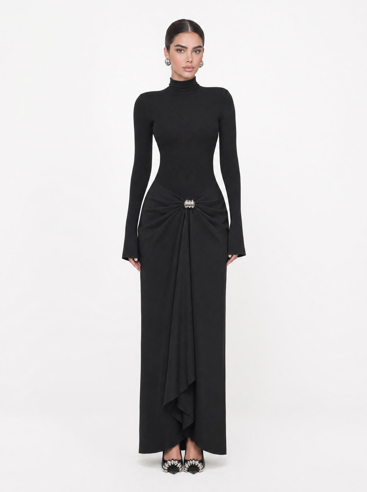 Black Turtleneck Embellished Draped Maxi Dress