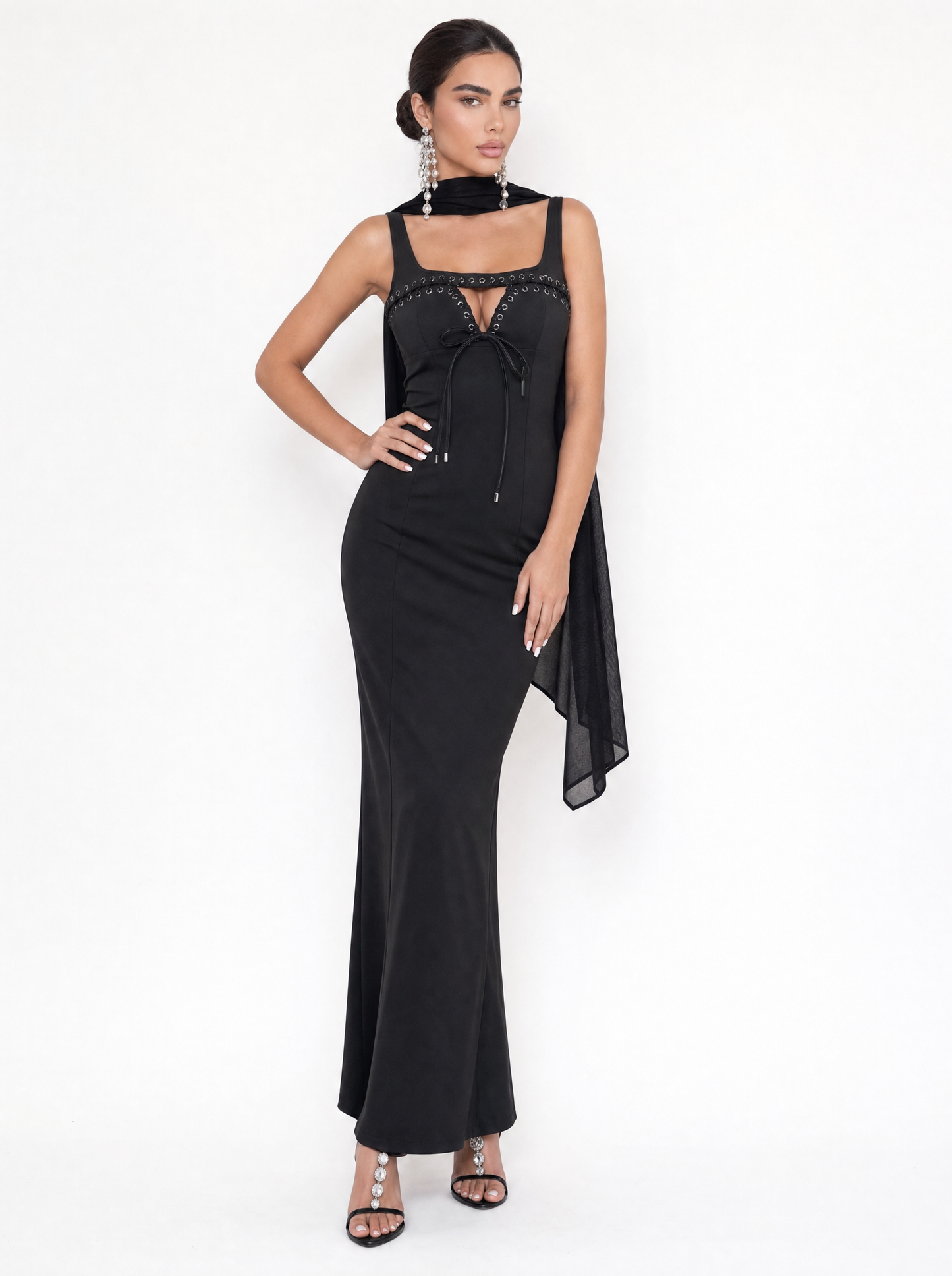 Black Embellished Tie Front Cape Maxi Dress