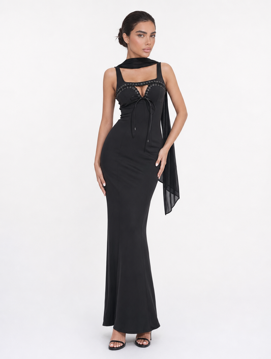 Black Embellished Tie Front Cape Maxi Dress