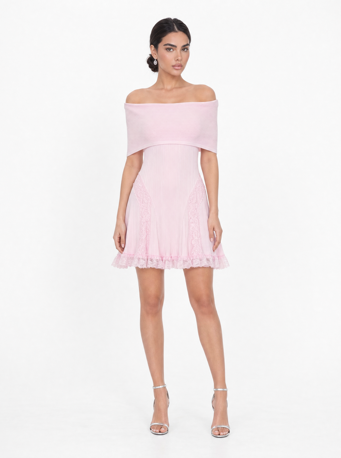 Off-Shoulder Lace Pleated Mini Dress