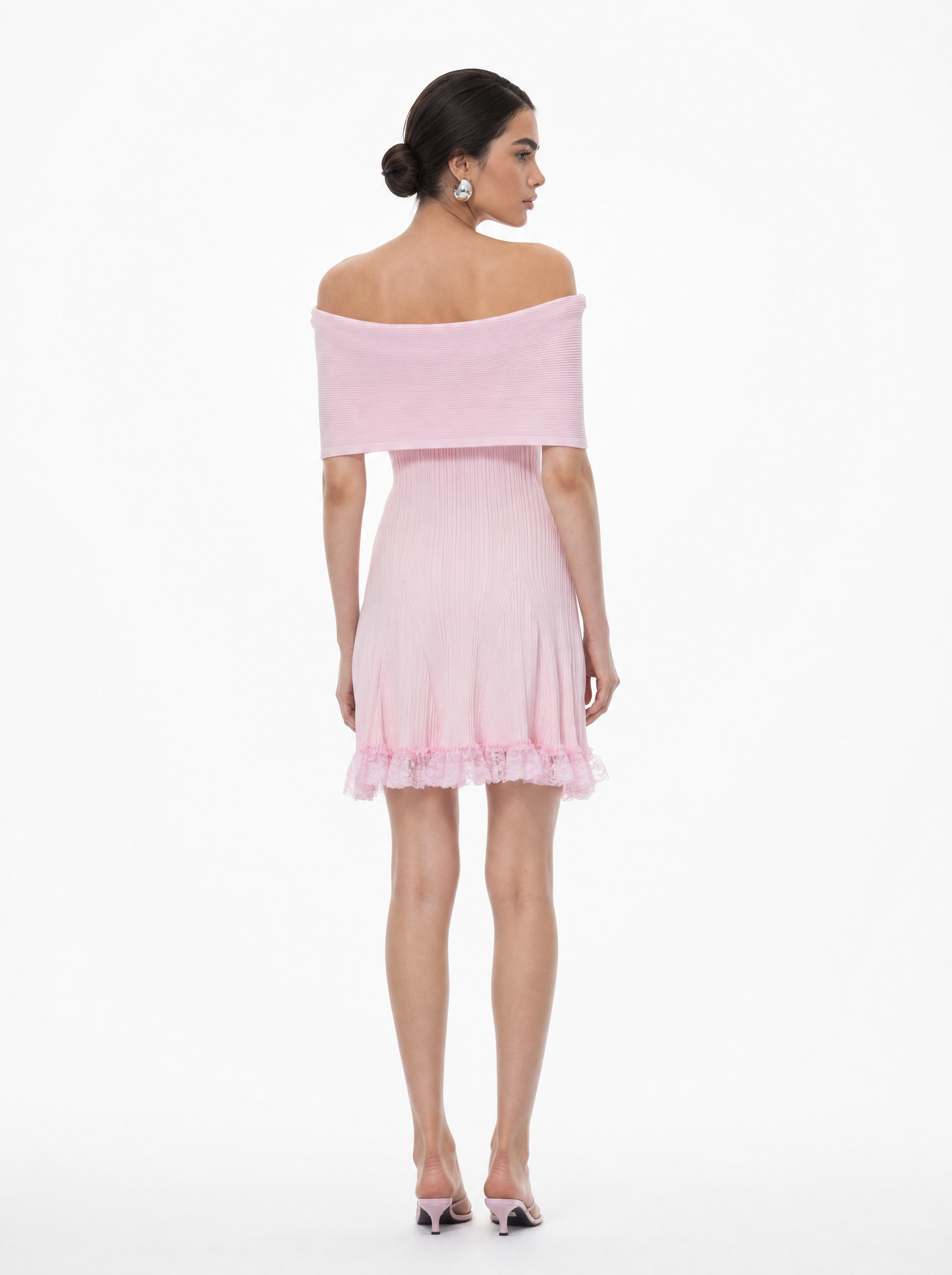 Off-Shoulder Lace Pleated Mini Dress