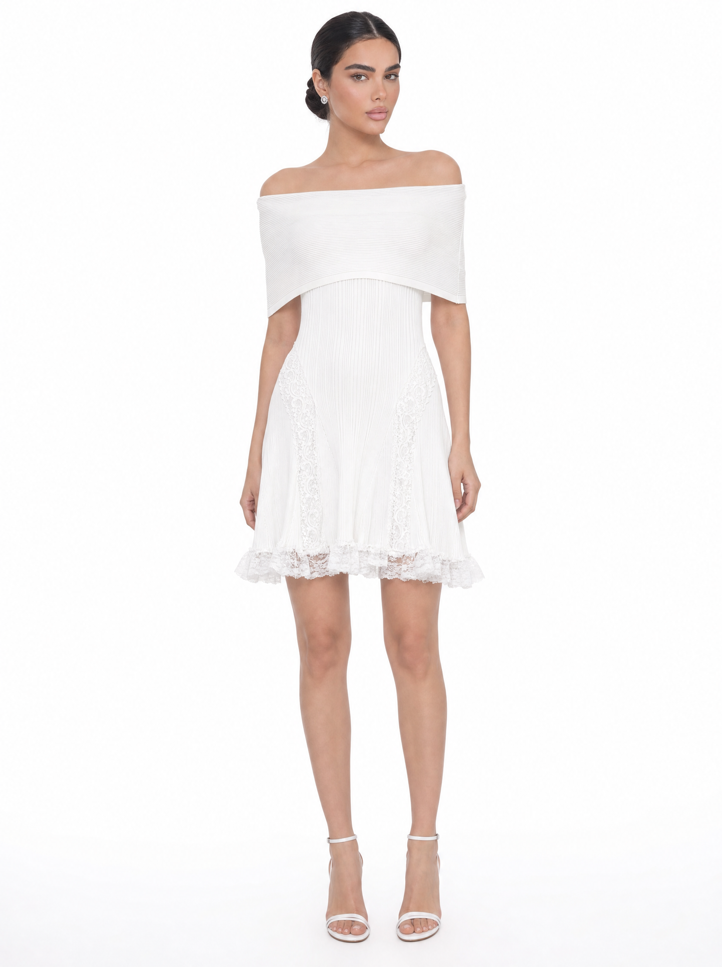Off-Shoulder Lace Pleated Mini Dress