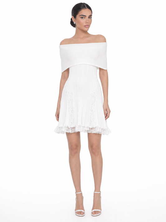 Off-Shoulder Lace Pleated Mini Dress