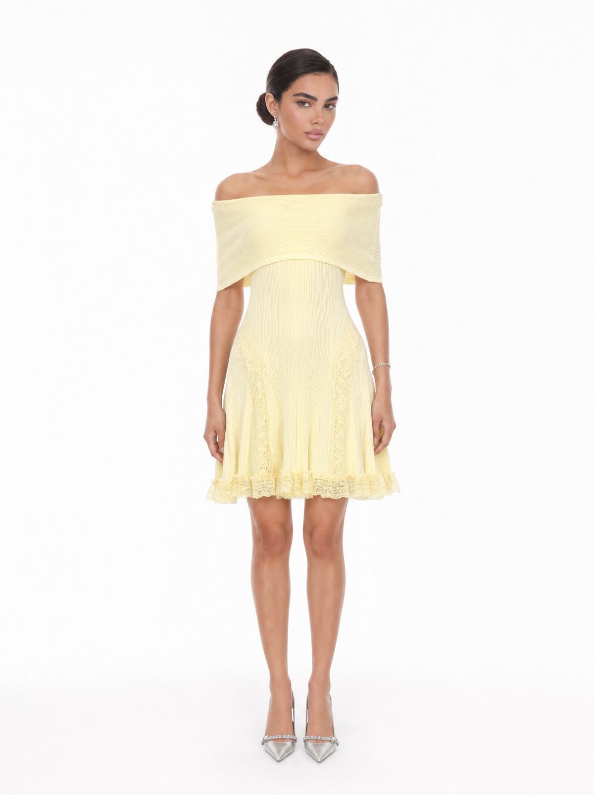 Off-Shoulder Lace Pleated Mini Dress