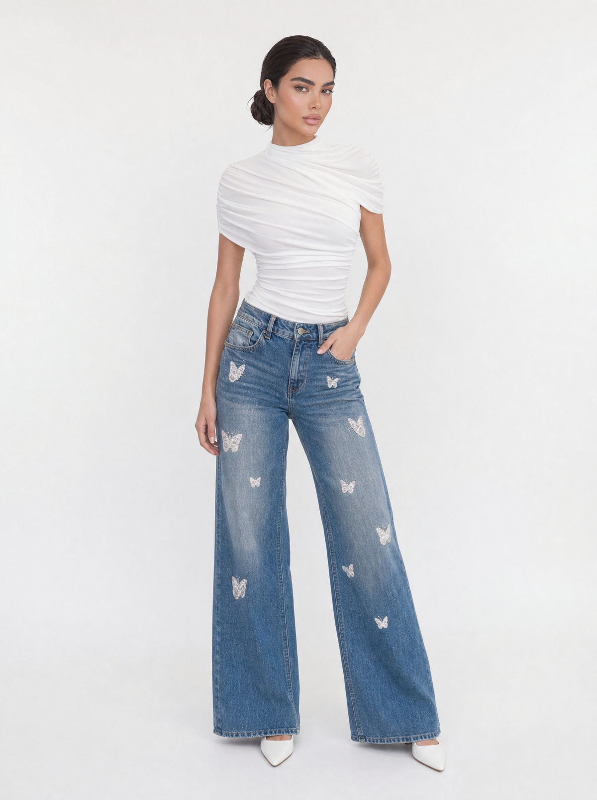 Ruched Mock Neck Top & Butterfly Flare Jeans