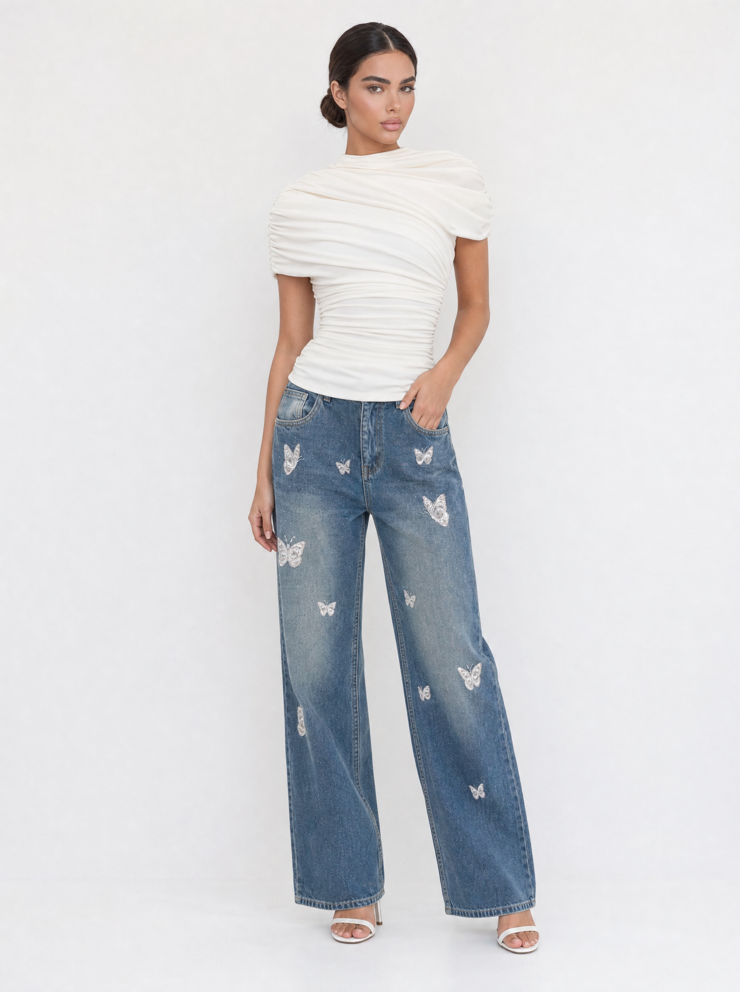 Ruched Mock Neck Top & Butterfly Flare Jeans