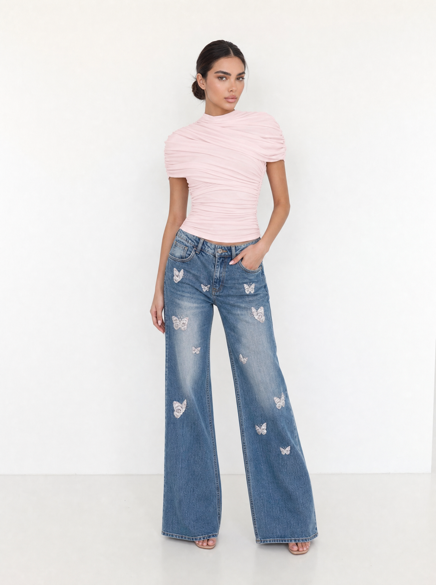 Ruched Mock Neck Top & Butterfly Flare Jeans