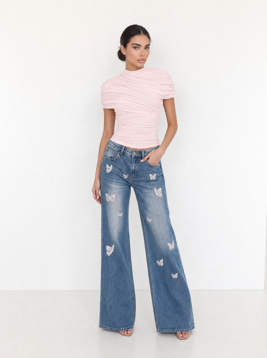 Ruched Mock Neck Top & Butterfly Flare Jeans