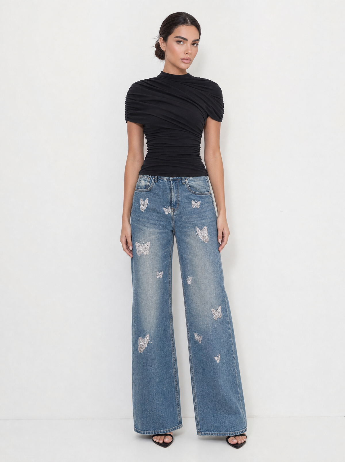 Ruched Mock Neck Top & Butterfly Flare Jeans