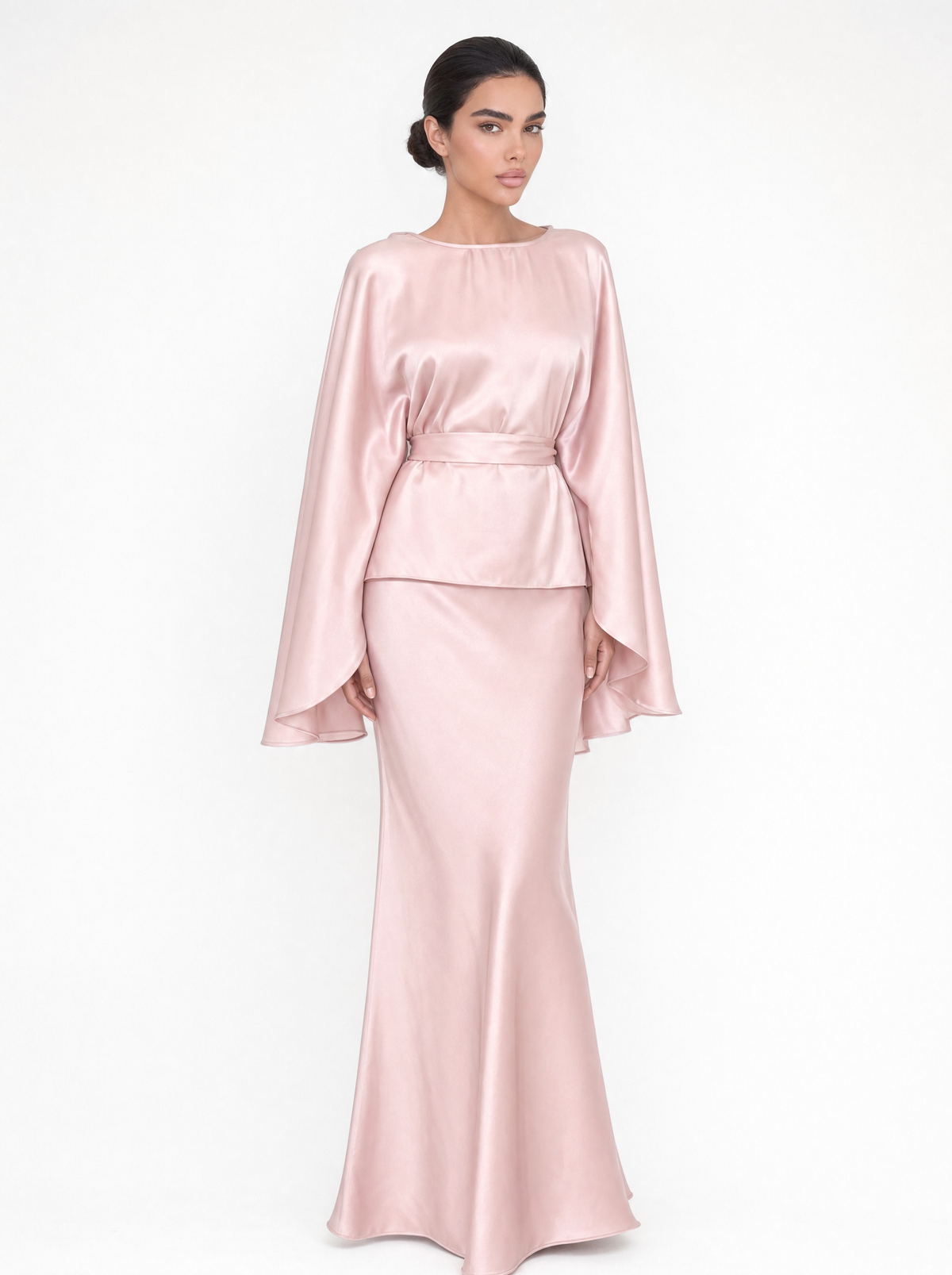 Cape Sleeve Satin Top & Mermaid Skirt Set