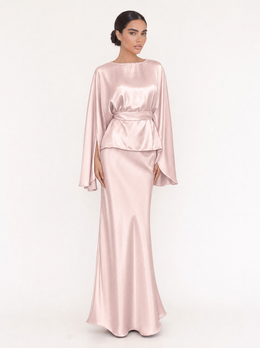 Cape Sleeve Satin Top & Mermaid Skirt Set