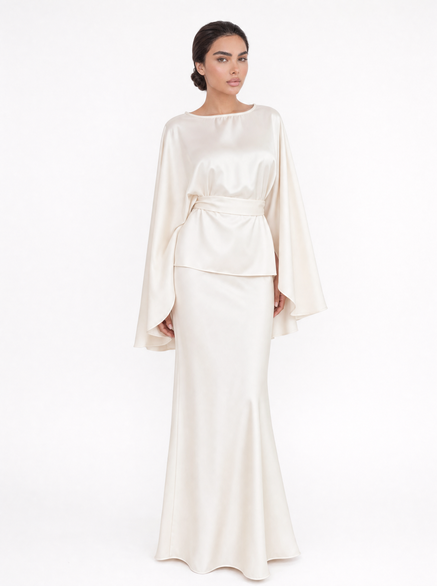 Cape Sleeve Satin Top & Mermaid Skirt Set