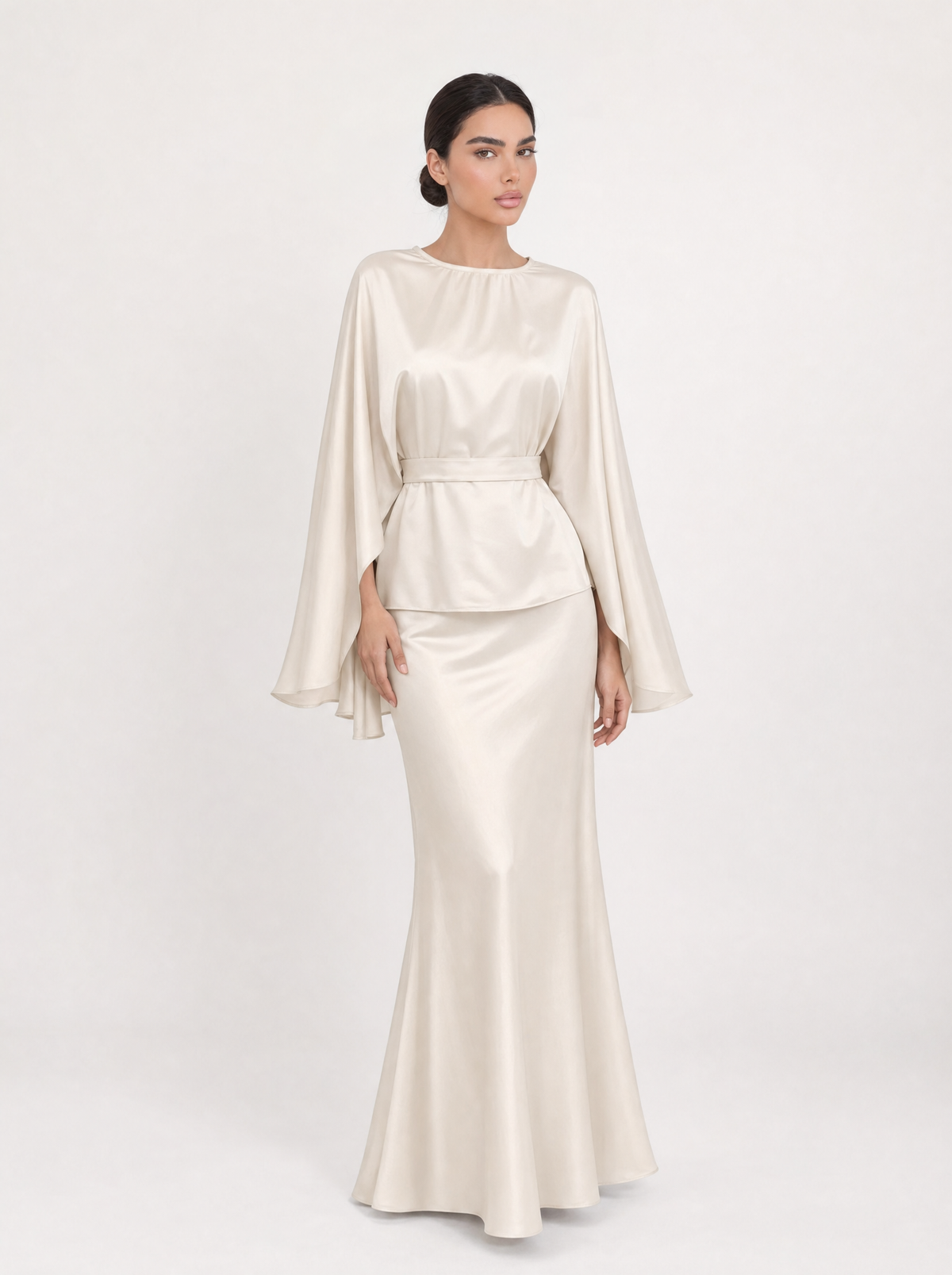 Cape Sleeve Satin Top & Mermaid Skirt Set
