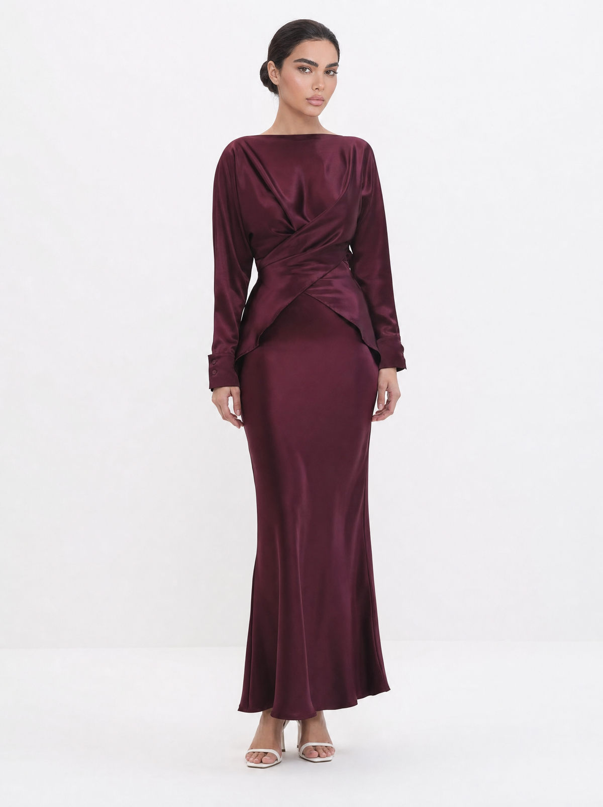 Burgundy Satin Draped Co-ord Set