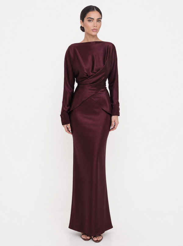 Burgundy Satin Draped Co-ord Set