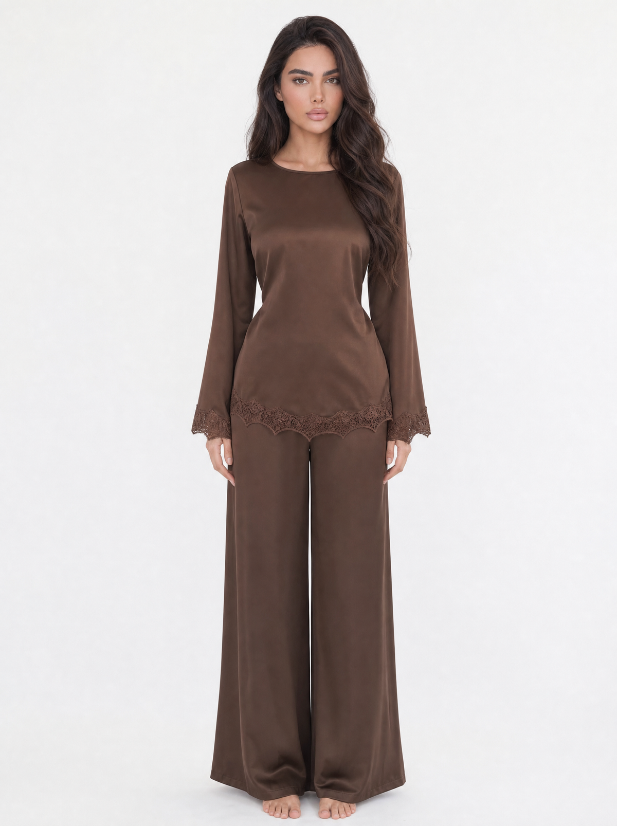 Lace Trim Satin Top & Wide Leg Pants Set