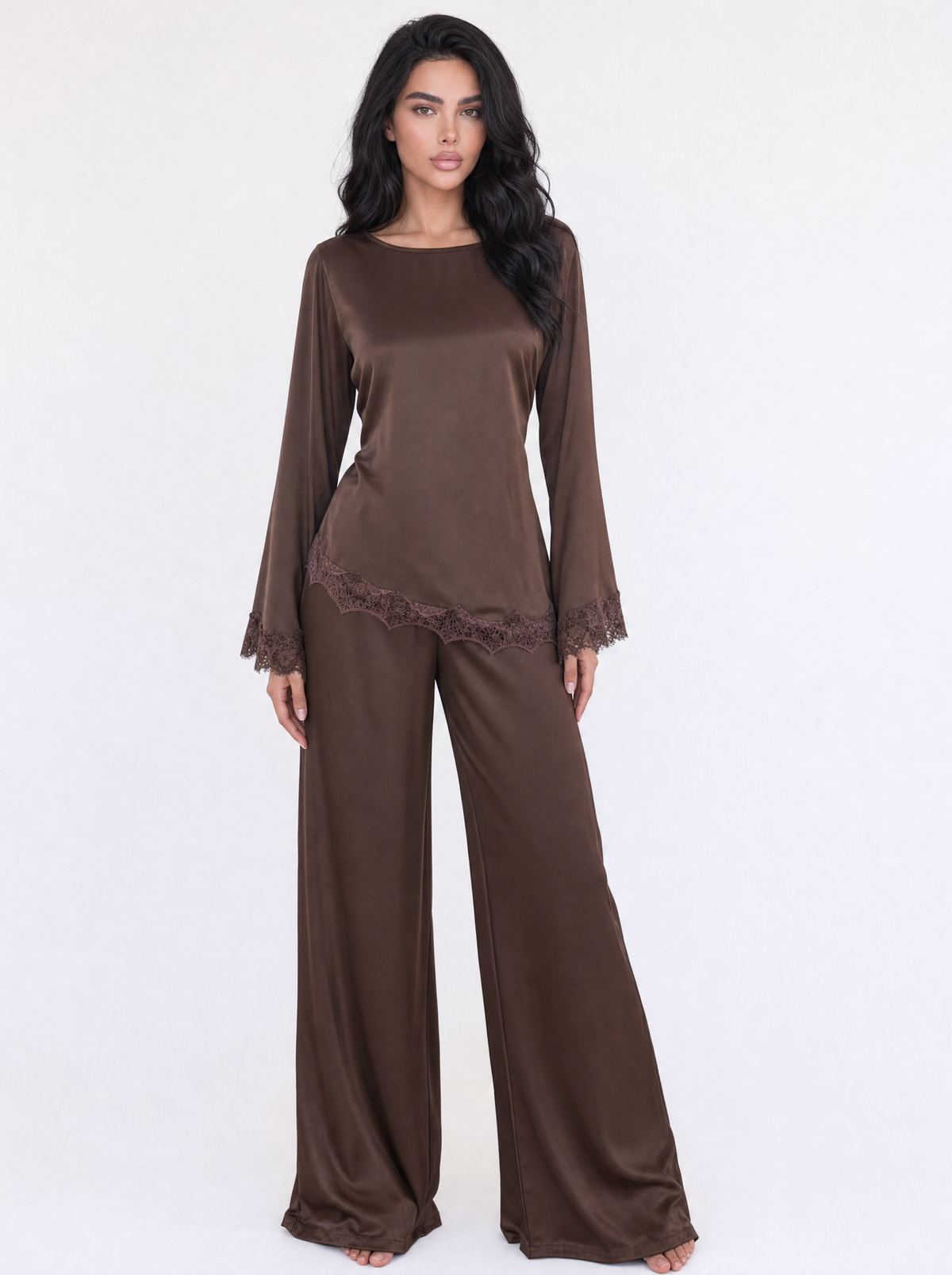 Lace Trim Satin Top & Wide Leg Pants Set