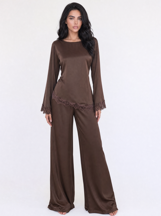 Lace Trim Satin Top & Wide Leg Pants Set