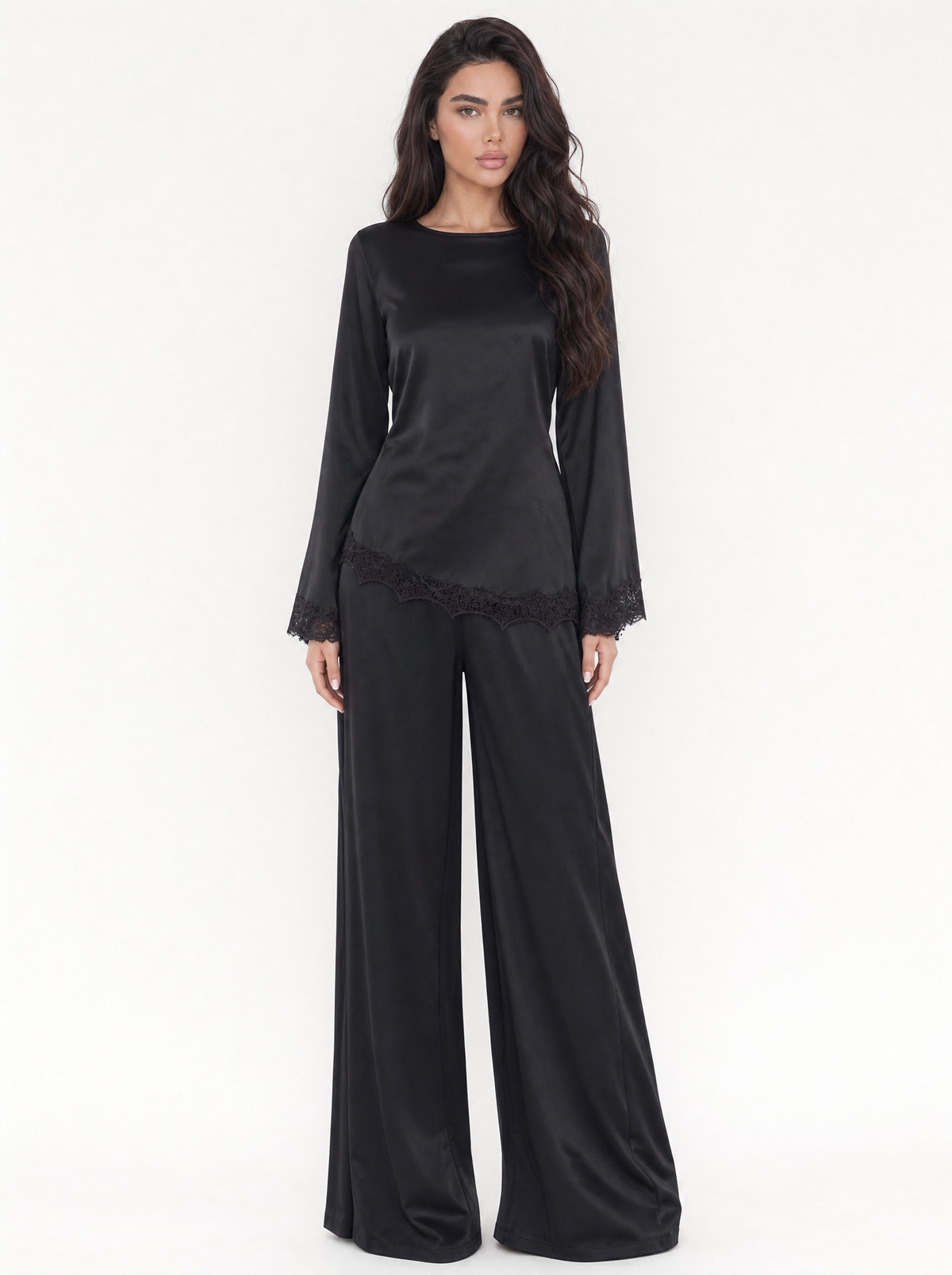 Lace Trim Satin Top & Wide Leg Pants Set