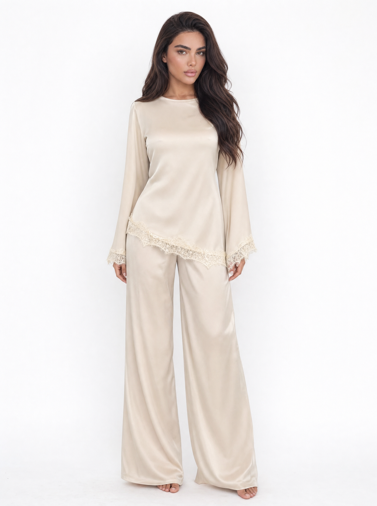 Lace Trim Satin Top & Wide Leg Pants Set