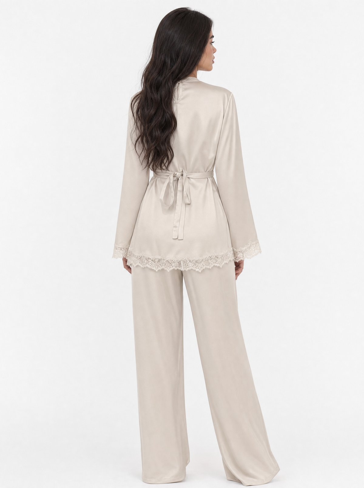 Lace Trim Satin Top & Wide Leg Pants Set
