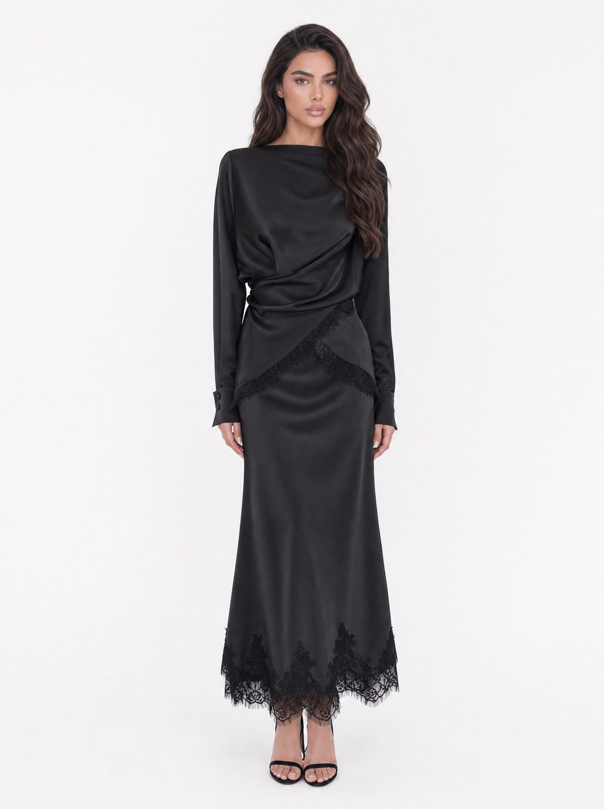 Lace Trim Satin Top & skirt Set