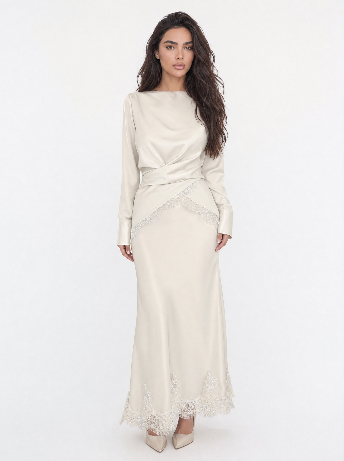 Lace Trim Satin Top & skirt Set