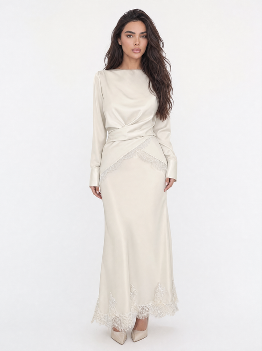 Lace Trim Satin Top & Wide Leg Pants Set
