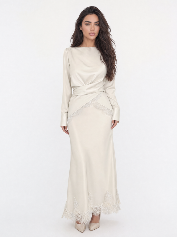 Lace Trim Satin Top & Wide Leg Pants Set