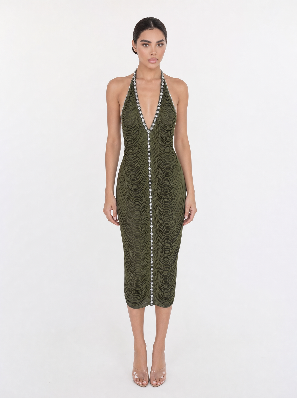 The Olive Jewel Halter dress