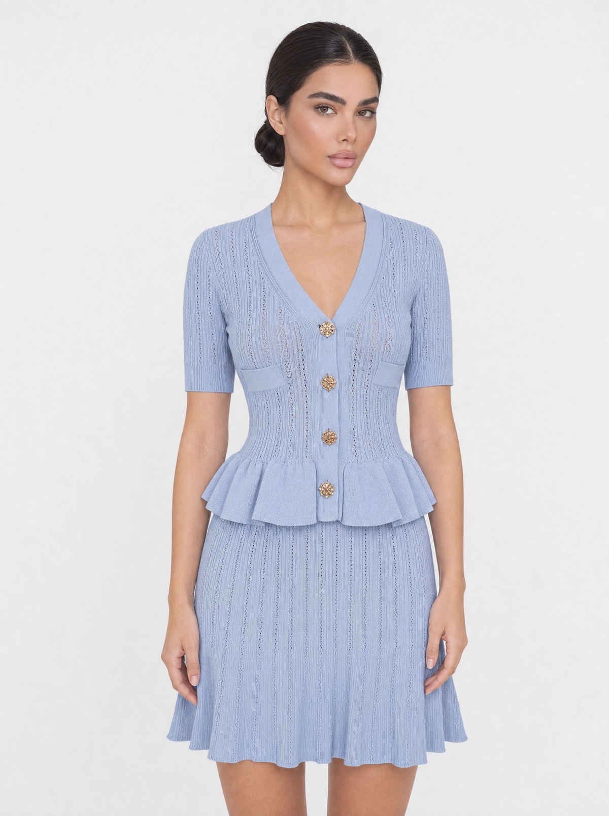 Pointelle Knit Gold Button Peplum Midi Dress