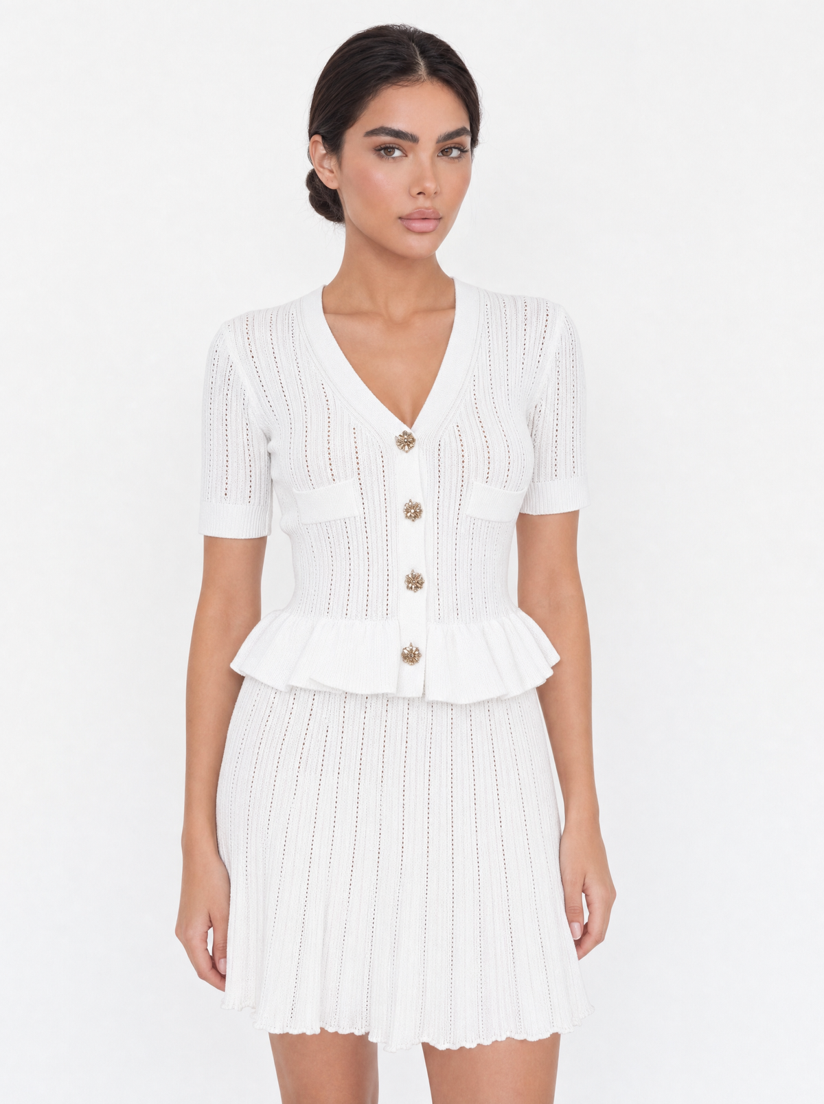 Pointelle Knit Gold Button Peplum Midi Dress
