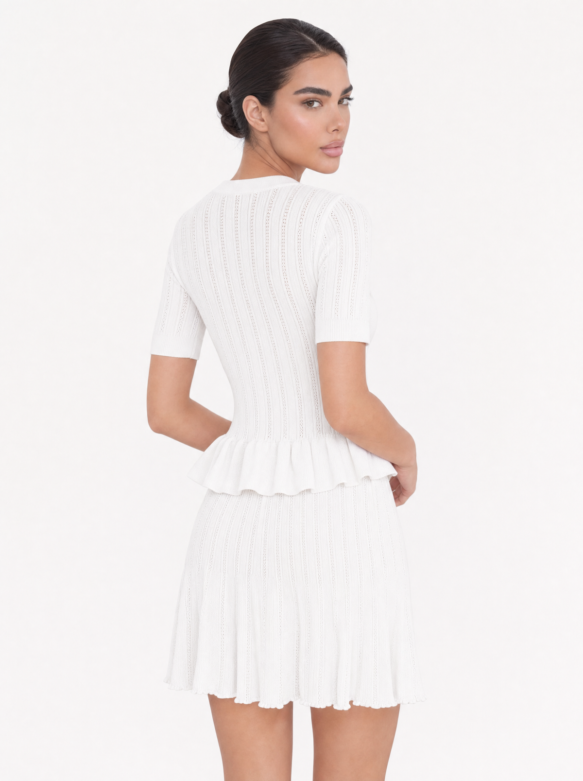 Pointelle Knit Gold Button Peplum Midi Dress