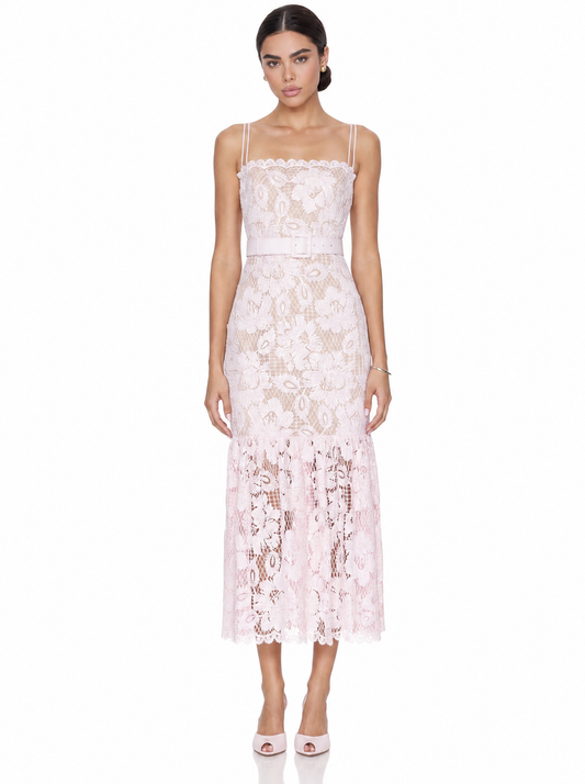 Blush Pink Floral Lace Midi Dress