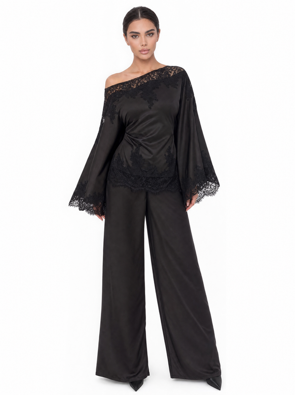 Off-Shoulder Satin Lace Trim Bell Sleeve Top & Wide Leg Palazzo Trouser Set