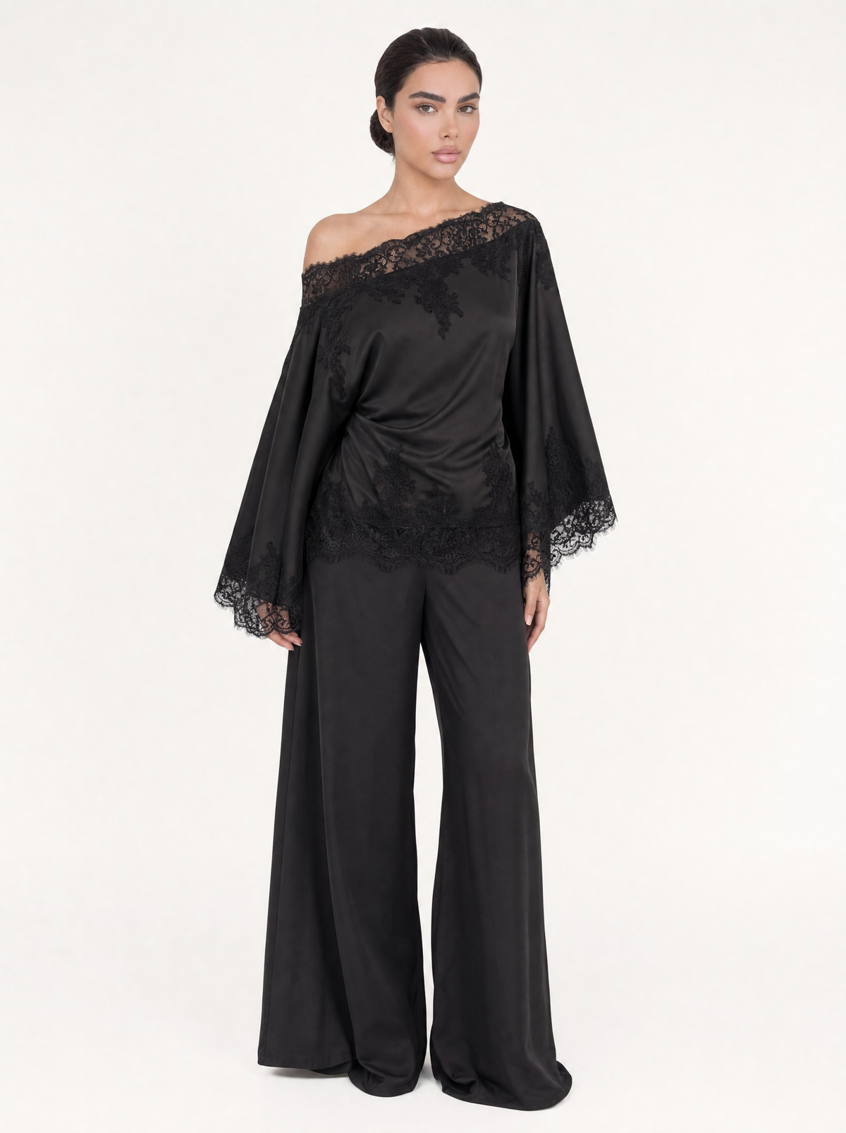 Off-Shoulder Satin Lace Trim Bell Sleeve Top & Wide Leg Palazzo Trouser Set