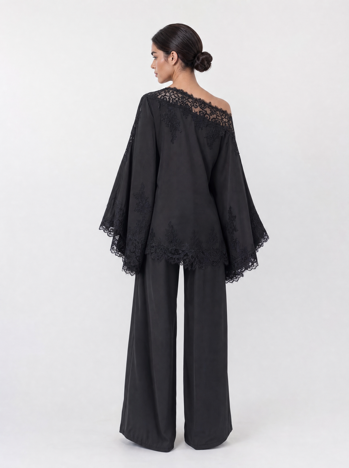 Off-Shoulder Satin Lace Trim Bell Sleeve Top & Wide Leg Palazzo Trouser Set