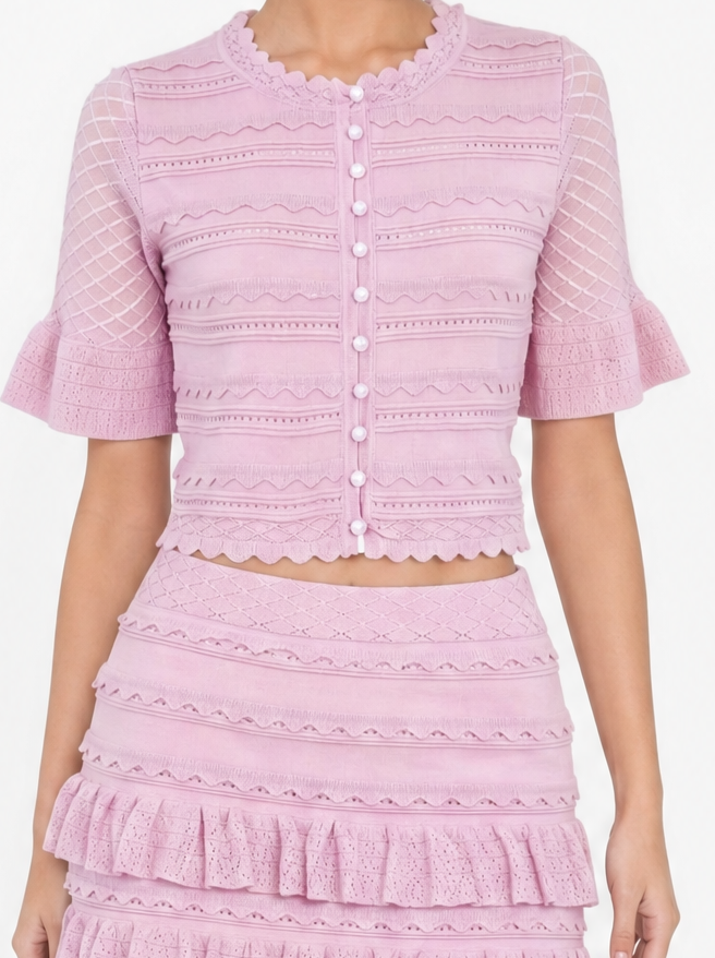Crochet Knit Crop Top & Ruffle Mini Skirt Co-ord Set