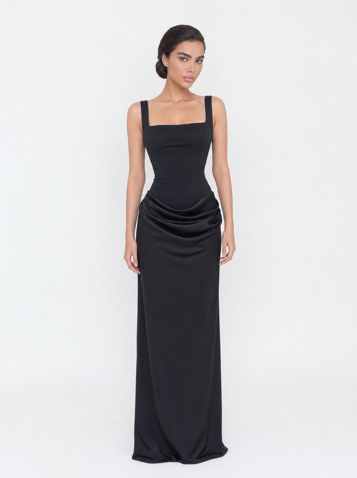 Square Neck Draped Satin Maxi Dress
